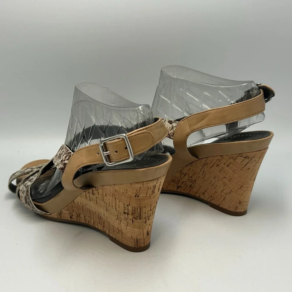 Naturalizer N5 Wedge Heel Sandal Brown Tan Snake Sandal Strappy Womens 9 Cork